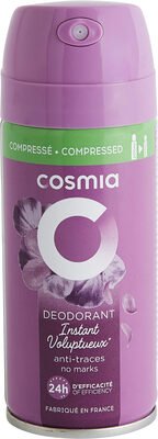 Cosmia efficacité 24h, anti-traces, fabriqué en France, *parfum de synthèse et Une réduction d’emballage pour autant d’utilisations qu’un format 200ml.