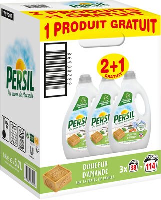 Henkel, Persil Persil Lessive Liquide Douceur d’Amande aux extraits de Vanille Bio Lot(2+1 Offert)x1.9L – 114 Lavages