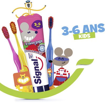 Unilever, Signal SIGNAL Kit pour Enfants 4 Dentifrices 3-6 ans Fraise Gaga et 3 Brosses à Dents Manuelles Extra Souples 2-6 ans x1
