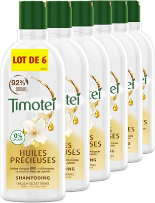 Unilever, Timotei Timotei Huiles Précieuses Shampooing Femme aux Huiles d’Argan Bio, d’Amande, Fleur de Jasmin Cheveux Secs et Ternes Lot 6x300ml